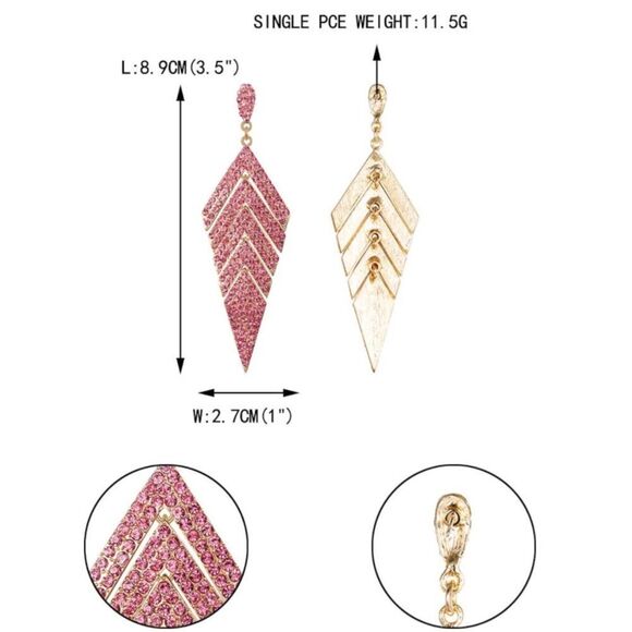 Yellow Gold with Pink Sapphire Crystal Rhombus Banquet Chandelier Post Earrings - Picture 4 of 4